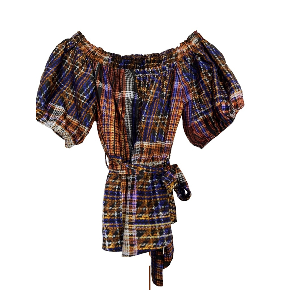 EUC Women's Cato Blouse Top Size L Brown Blue Plaid